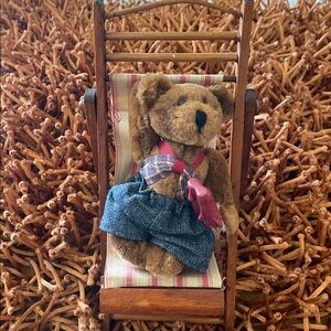 Adorable Small  Brown Teddy Bear with Denim Overalls In Little Wooden Chair